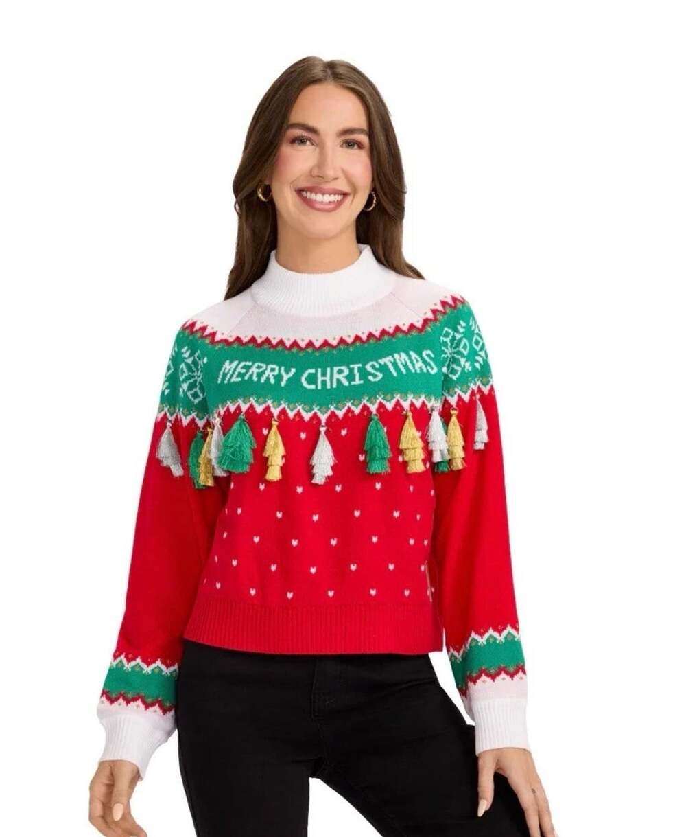 Tipsy Elves Women's Merry Christmas Tassel Turtleneck Cropped Sweater Size L NEW